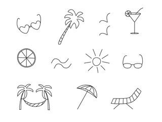 Vector icons are a symbol of summer. Sun palm glasses hammock chaise longue seagulls cocktail lemon umbrella.