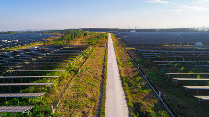 Aerial photography of modern large-scale photovoltaic solar panels.