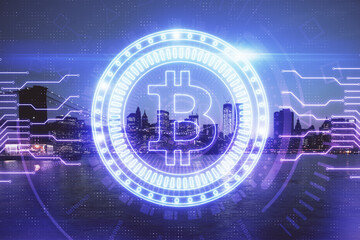 Multi exposure of cryptocurrency theme hologram drawing and city veiw background. Concept of blockchain and bitcoin.