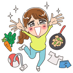 家事から開放されて喜んでいる女性 © よぴんこ（yopinco）