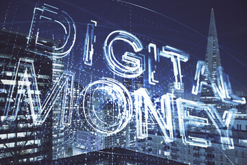 Multi exposure of cryptocurrency theme hologram drawing and city veiw background. Concept of...
