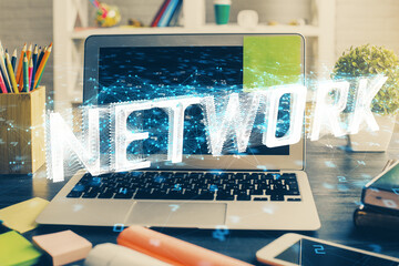 Double exposure of desktop with personal computer on background and tech theme drawing. Concept of data analysis.