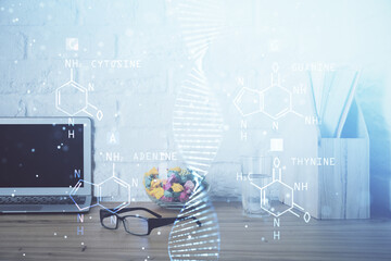 Desktop computer background and DNA drawing. Double exposure. Science concept.