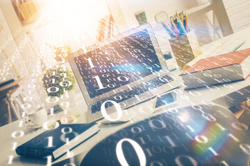 Multi exposure of desktop with personal computer and tech theme drawing. Concept of Bigdata.