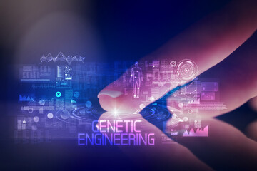 Finger touching tablet with web technology icons and GENETIC ENGINEERING inscription