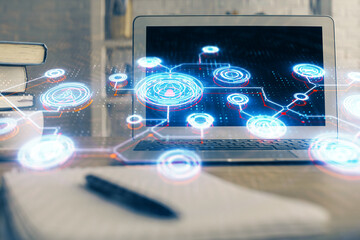 Computer on desktop with social network theme icon. Multi exposure. Concept of international connections.