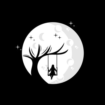 illustration of a woman playing a swing on the moon