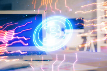 Multi exposure of blockchain theme hologram and table with computer background. Concept of bitcoin...