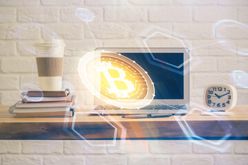 Fototapeta na wymiar Multi exposure of blockchain theme hologram and table with computer background. Concept of bitcoin crypto currency.
