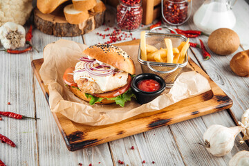 Chicken breast burger set with cheese sauce