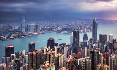 Hong Kong skyline at dramatic sunrise, Victoria harbour