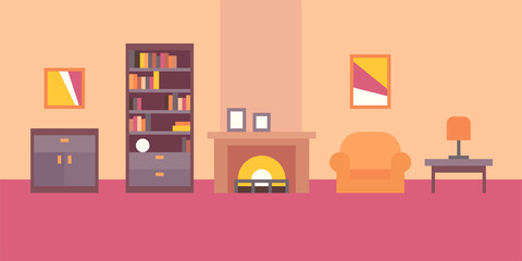 vector illustration, abstract minimalism interior, background, apartment, living room, pictures, armchair, fireplace, lamp, bookcase, chest of drawers, coffee table
