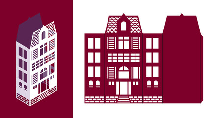 Fototapeta premium Silhouette of Amsterdam style paper houses lantern. Buildings in old European fashion. Christmas LED light box template for laser cut. Wood carving template. Scalable vector. Die paper cutout.
