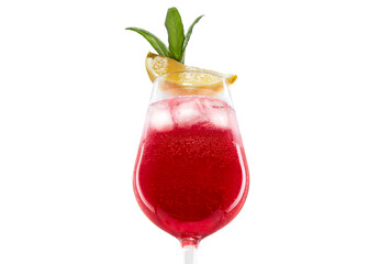 Red cocktail in a glas with ice cubes, lemon and mint