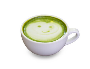 Closeup glass of matcha green tea apple shape isolated on white background