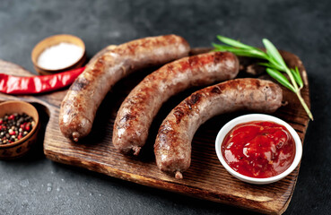 grilled sausages with spices and rosemary on a stone background