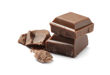 Pieces of delicious milk chocolate isolated on white