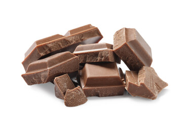 Pieces of delicious milk chocolate isolated on white