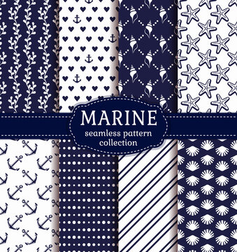 Sea And Nautical Seamless Patterns Set.