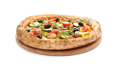 Delicious hot vegetable pizza on white background