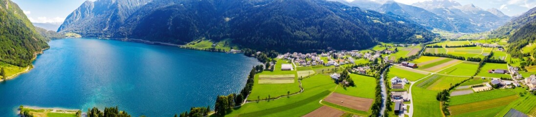 Poschiavo valley, Switzerland, aerial view of the village of Le Prese from the Poschiavo lake