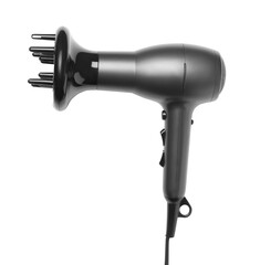 Modern hair dryer on white background, top view