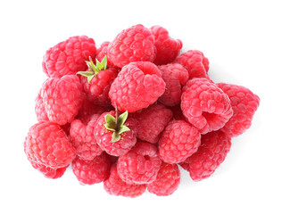 Pile of fresh ripe raspberries isolated on white, top view