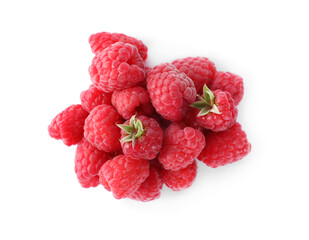 Pile of fresh ripe raspberries isolated on white, top view