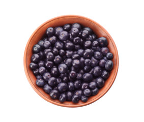 Fresh acai berries in bowl isolated on white, top view