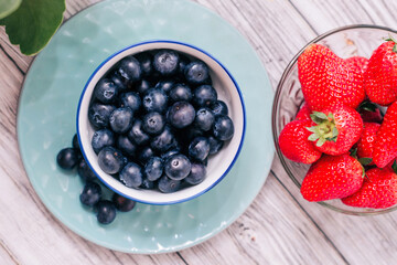 blueberries in a bowl on wooden table