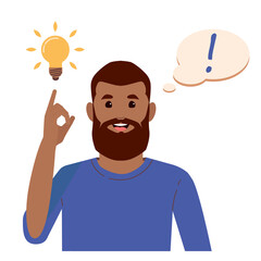 Fototapeta na wymiar Problem solving concept. Black beard man thinks and solves a problem. A luminous bulb as symbol of the appearance of a creative idea. Cartoon flat illustration isolated on white background.