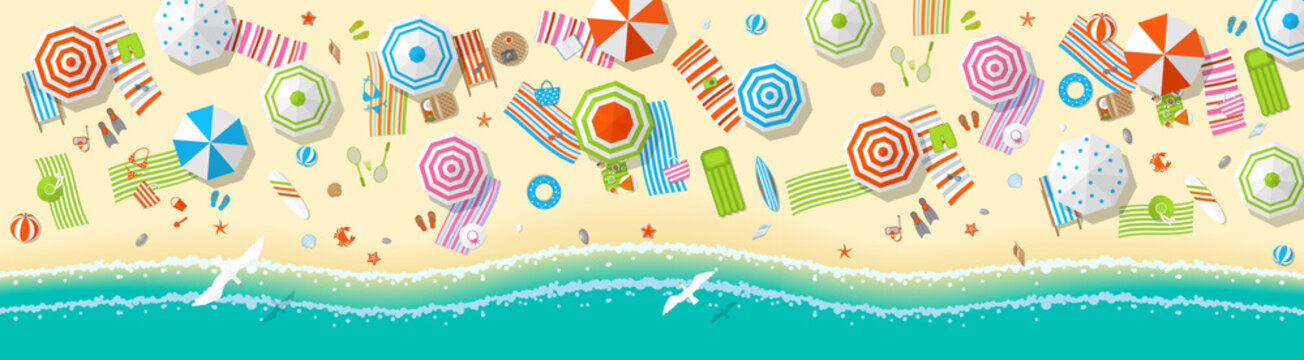 Vector illustration. Panorama of a sunny beach. Top view. Summertime - sea, sand, umbrellas, towels, chairs, clothes, objects. (view from above)