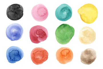 Set of watercolor colorful circles. Hand painted illustration isolated on white background. Great for design of kids party invitation, cards, art events posters, schools stationery, patterns.