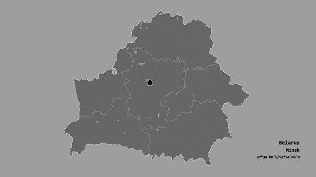 Homyel', region of Belarus, with its capital, localized, outlined and zoomed with informative overlays on a bilevel map in the Stereographic projection. Animation 3D