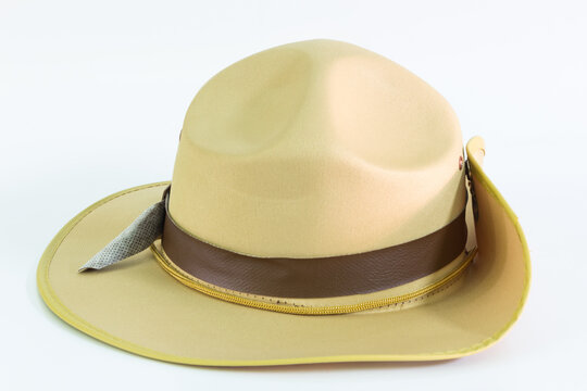 brown brim hat (hat of scout) on white