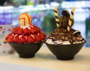 Bingsu, Chocolate and strawberry bingsu korean shaved ice