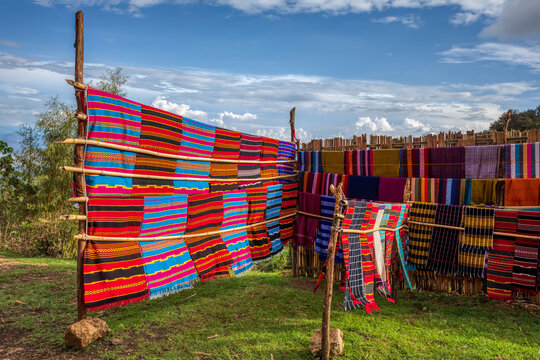 Traditional Ethiopian textiles, hand made colorful scarf on market, near Dorze Village, Lake Tana Ethiopia