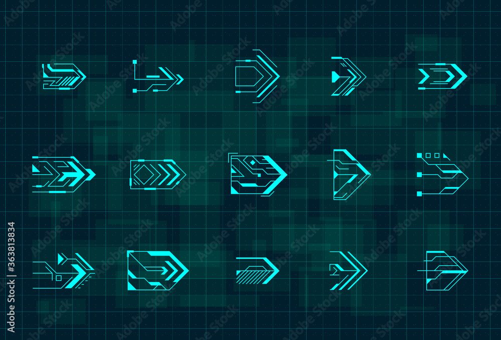 Poster set of futuristic hud blue arrows. cyberpunk arrows design for flyer, banner, cover, card, web and f