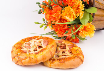 Delicious pizza with cheese hotdog  on white