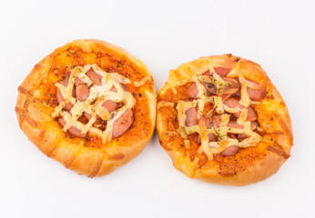 Delicious pizza with cheese hotdog  on white