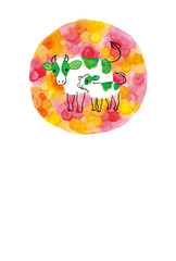 お花畑にいるウシの親子のイラスト