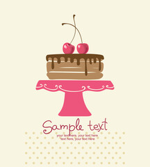 Wedding or birthday card with chocolate cherry cake and copy space.