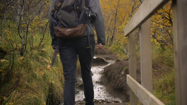 Woman wearing backpack walks on the forest path in the woods in autumn scenery. Iceland