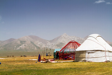 SONG KOL, KYRGYZSTAN - JULY 14: Building a yurt at Song Kol lake in Kyrgyzstan on July 14, 2015.