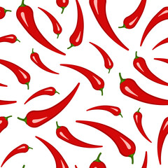 Red chili pepper seamless background. Pattern chili papper. Ripe hot red chili peppers. Vector flat illustration for wallpaper, textile, fabric on white background