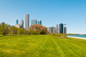 Gardens of Chicago Grant Park with skyscrapers on background, Illinois, USA