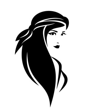 Beautiful Pirate Woman With Long Hair - Female Corsair Black And White Vector Portrait Outline