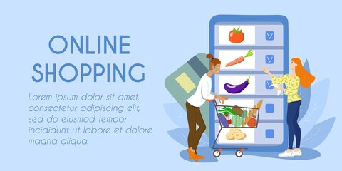 Horizontal banner for web page template. Online shopping and delivery advertising. Young couple choose products on the smartphone screen. Food basket and shopping list. Stock vector flat.