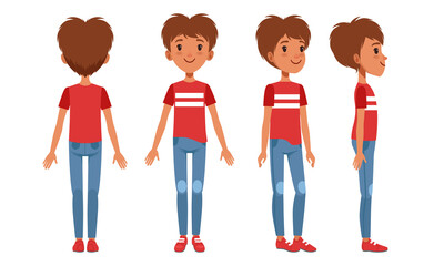 Full Length Portrait of Teenage Boy Character in Fashionable Clothes from Different Sides Front, Back and Side View, Cartoon Style Vector Illustration