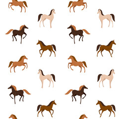 Obraz premium Cartoon happy animal - simple trendy pattern with different type of horse. Flat illustration for prints, clothing, packaging and postcards. 